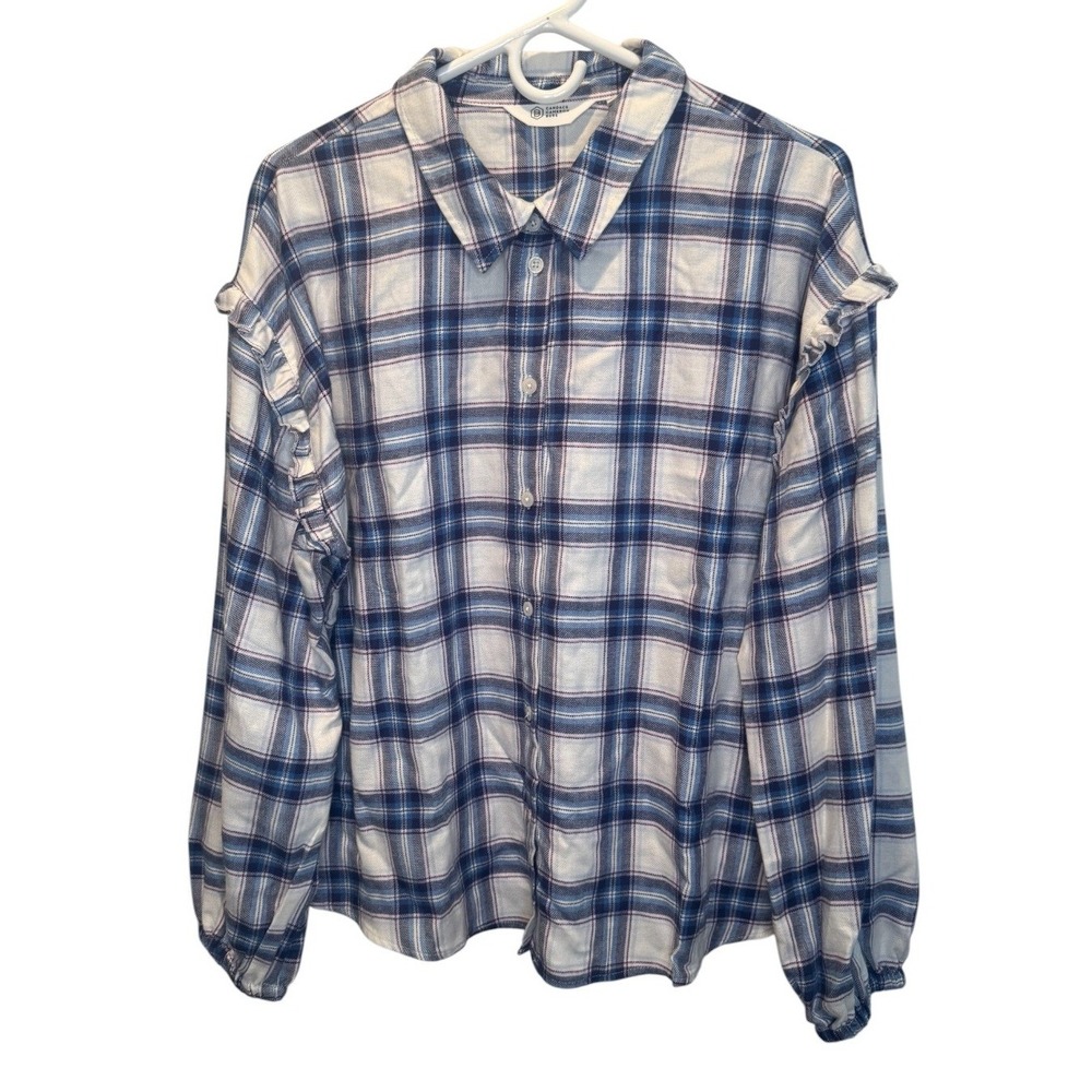 Candace Cameron Bure Womens Blue Plaid Button Down Ruffle Shoulder Top M NEW